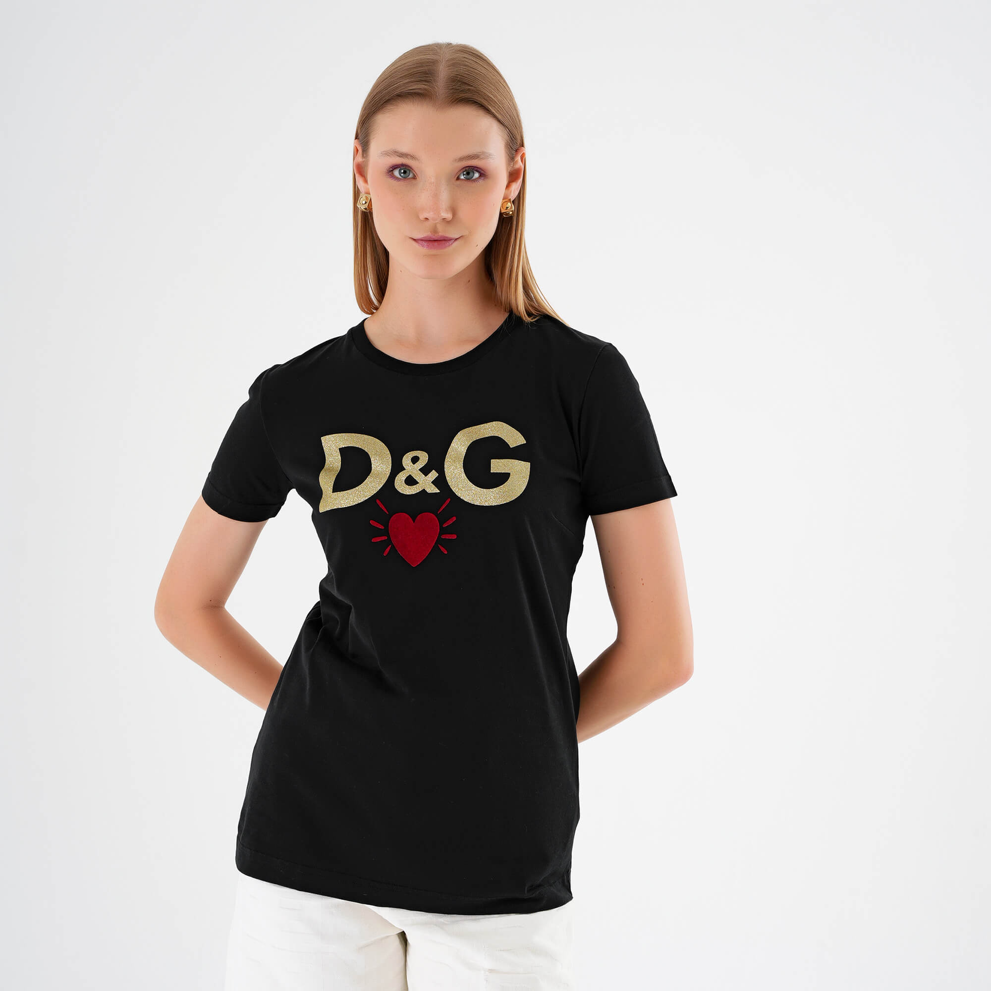 Dolce & Gabbana - Black & Gold Glitter Heart Logo Printed Tshirt IT42 